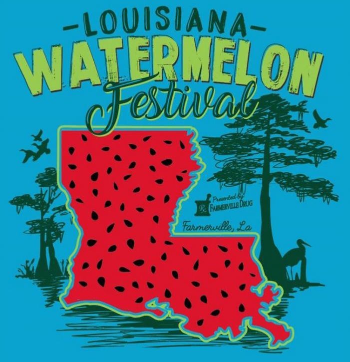 Graphic for the Louisiana Watermelon Festival in Farmerville, featuring a watermelon-patterned map of Louisiana.