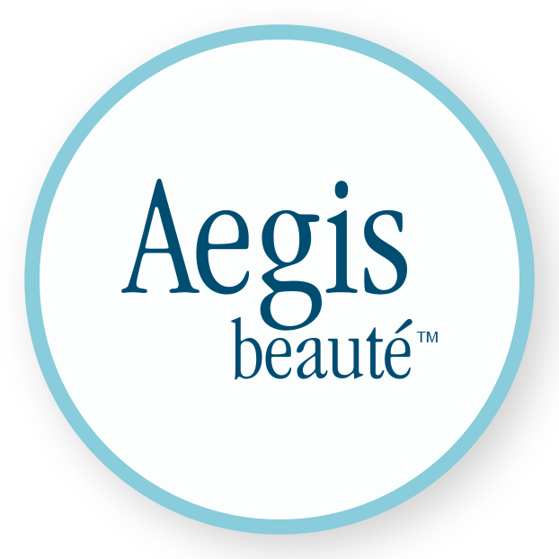 Logo for Aegis beauté, featuring dark blue text on a white background within a light blue circle.