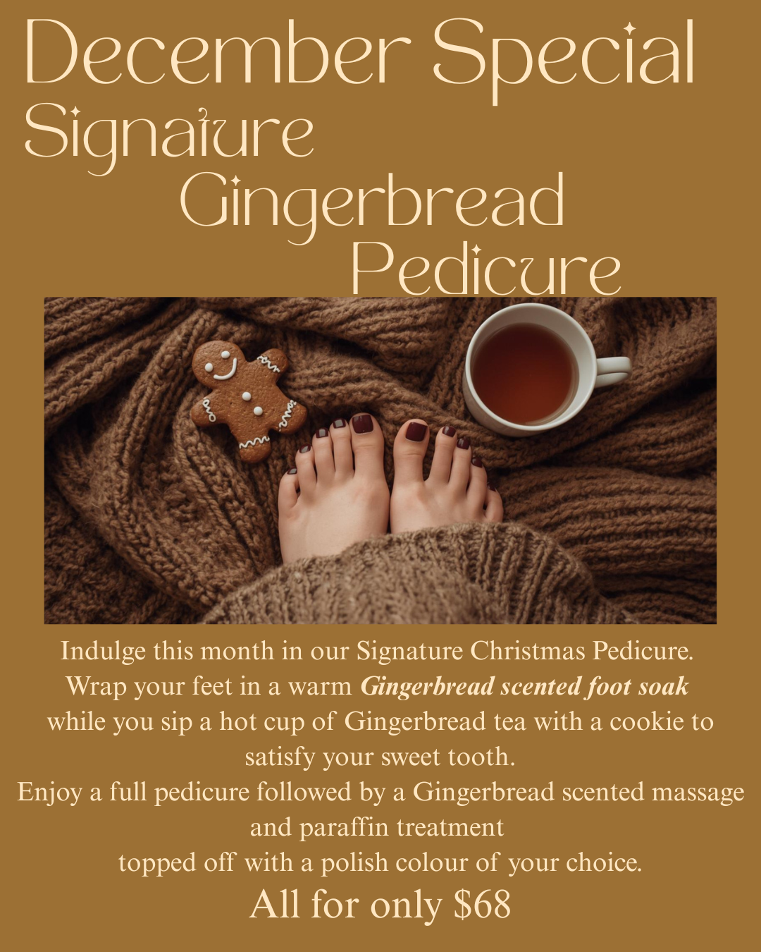 Advertisement for a December special pedicure. Features a woman's feet, cookie, and drink. Includes text details.