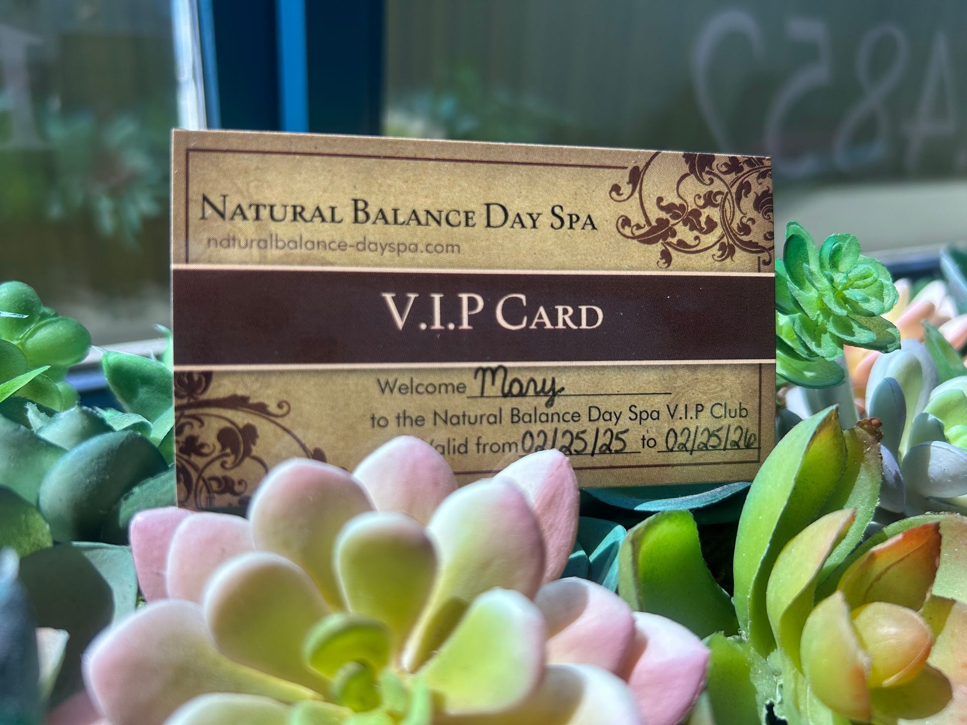 VIP card from Natural Balance Day Spa, personalized for