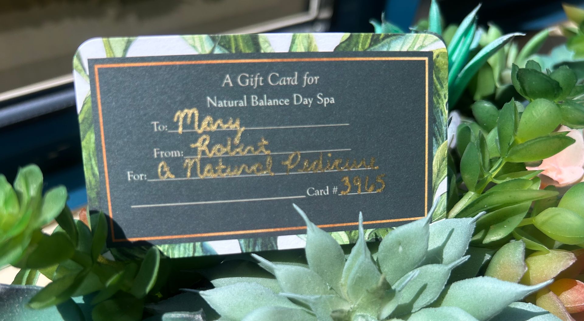 Gift card for Natural Balance Day Spa.