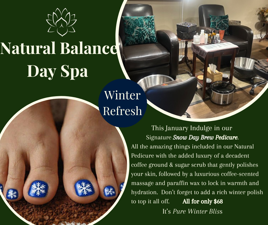 Advertisement for a December special pedicure. Features a woman's feet, cookie, and drink. Includes text details.