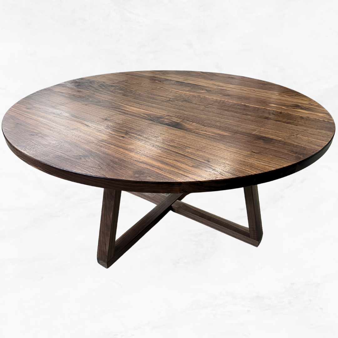 A round wooden table with a wooden base on a white background.