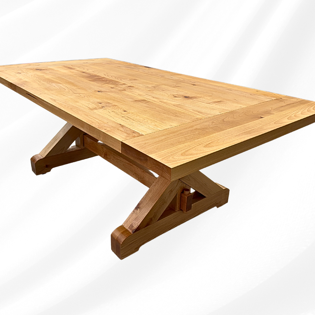 A wooden table is sitting on a white surface