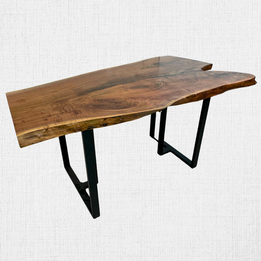 A wooden table with metal legs on a white background.