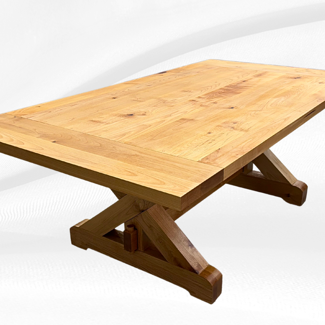 A wooden table is sitting on a white surface