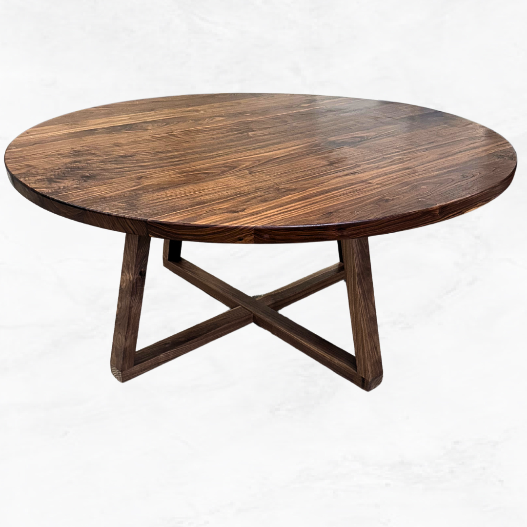 A round wooden table with a wooden base on a white background.