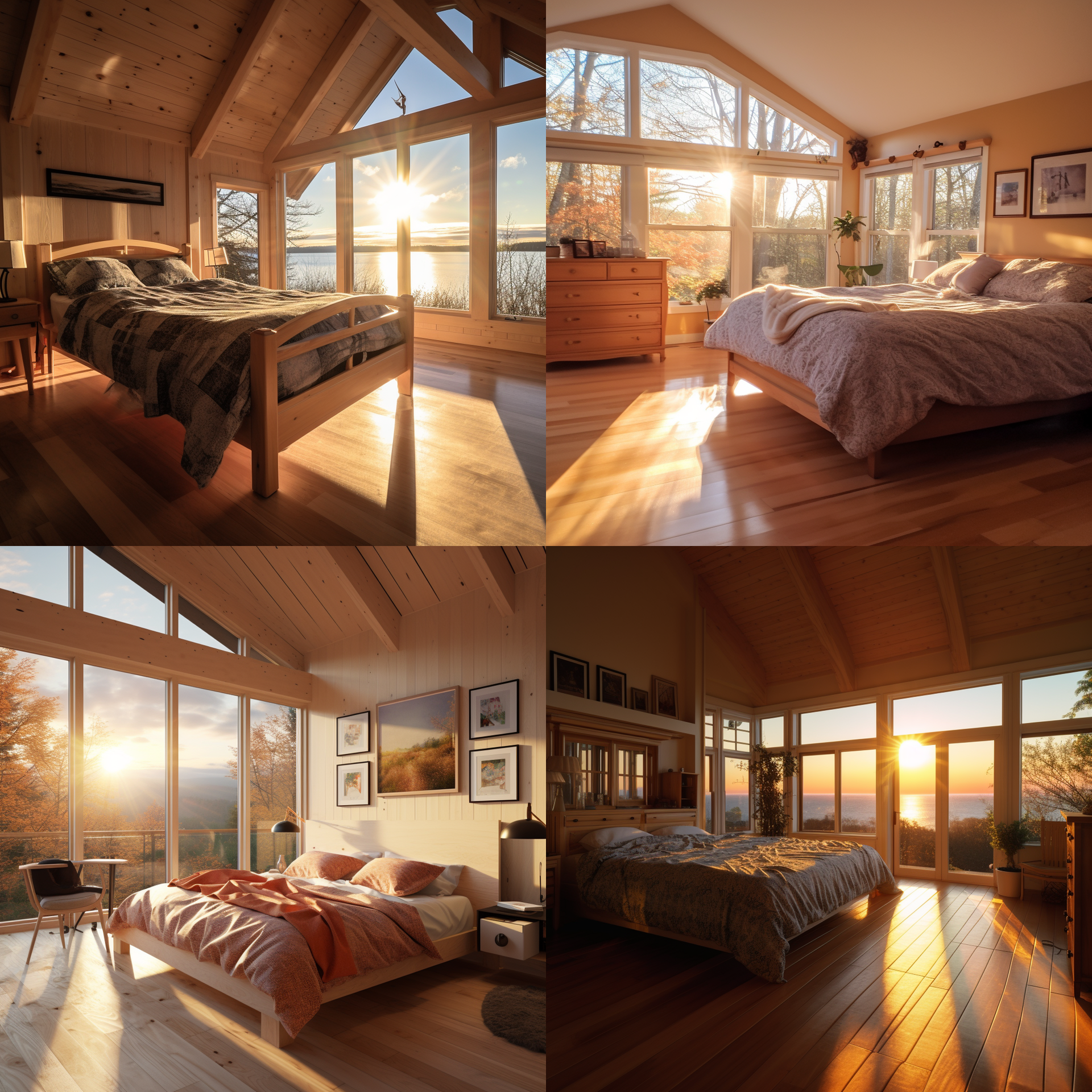 A collage of four bedrooms with the sun shining through the windows