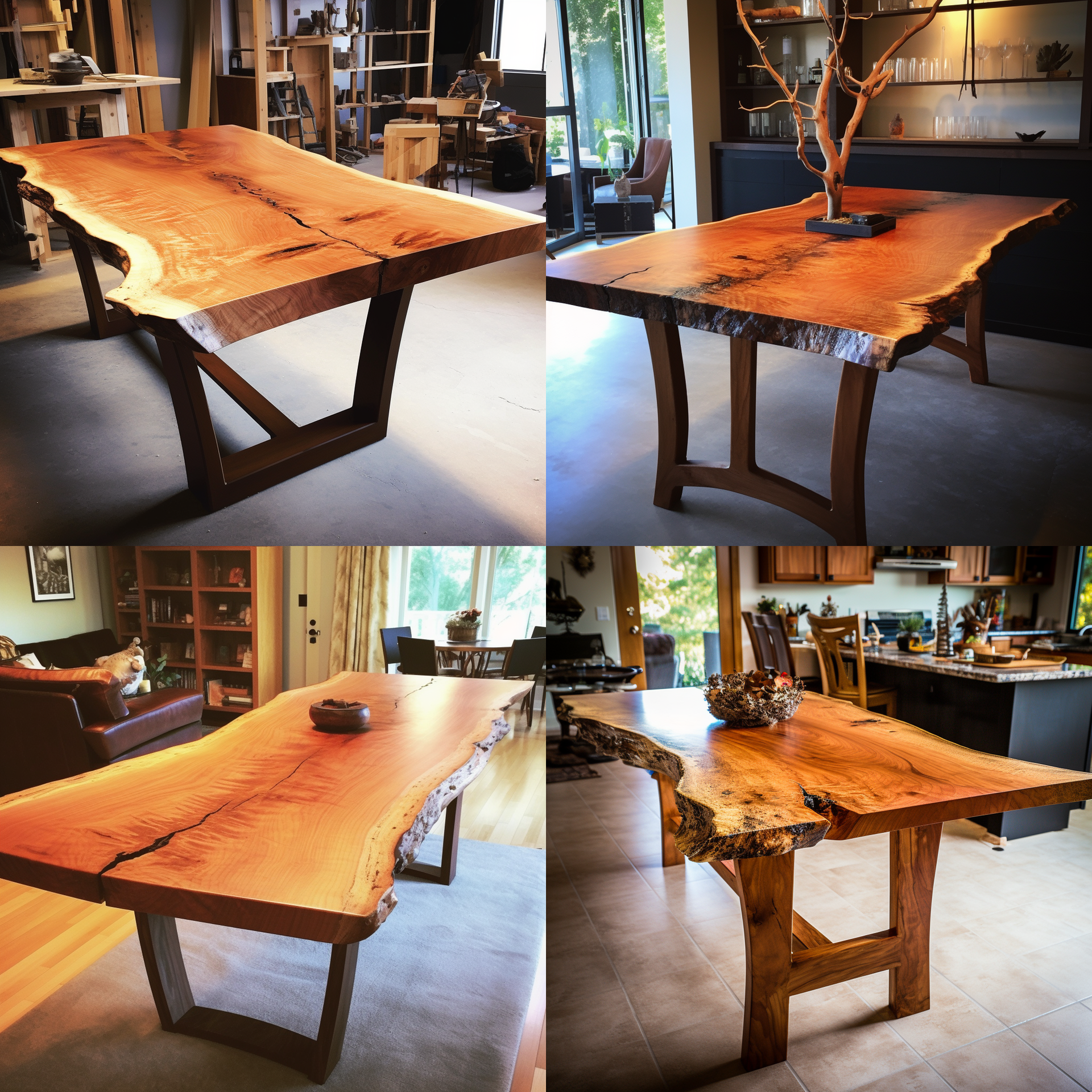 A collage of four pictures of a wooden table