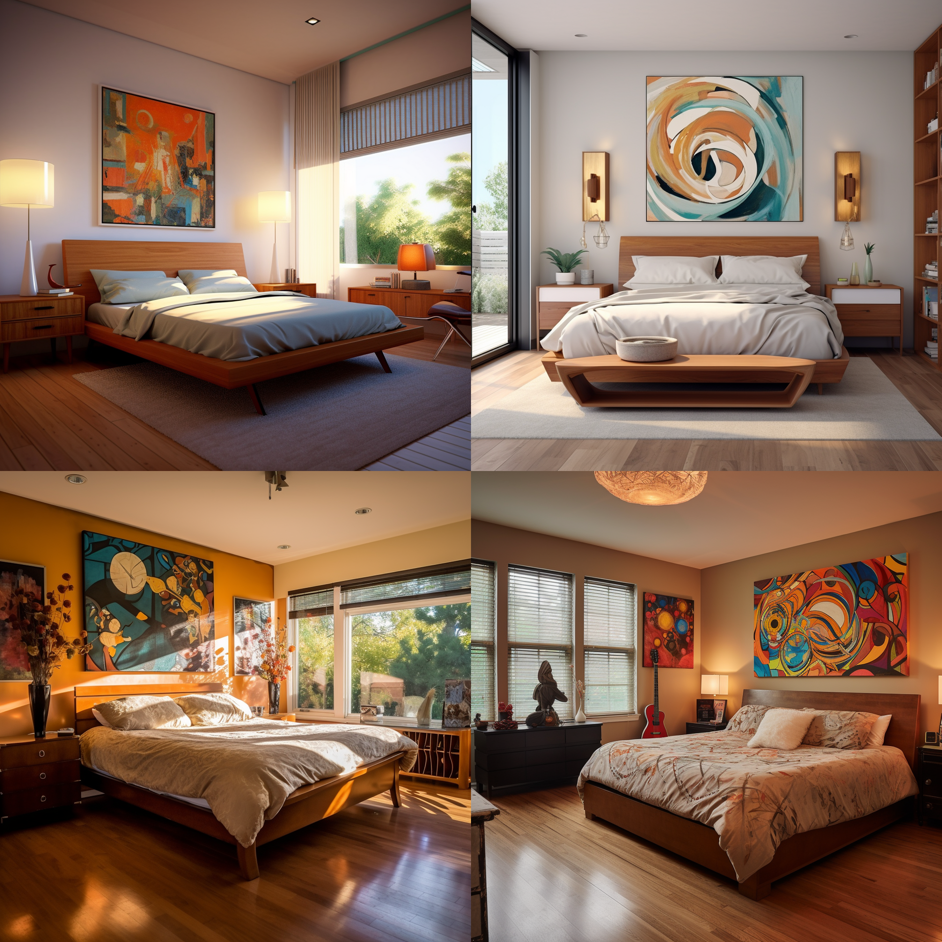 Four pictures of bedrooms with beds and paintings on the walls