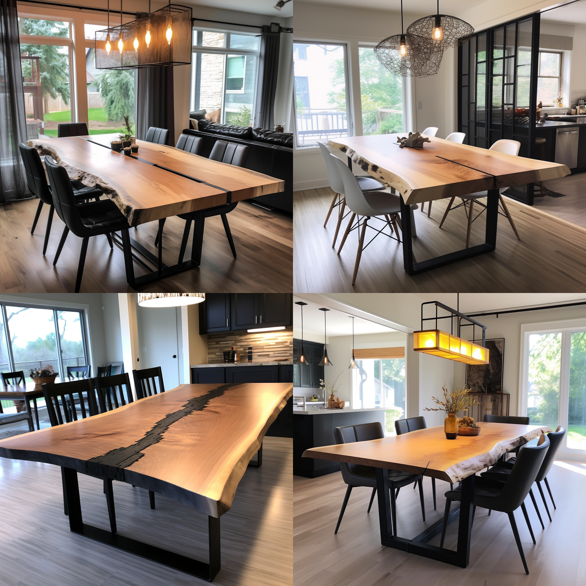 A collage of four pictures of a wooden dining table