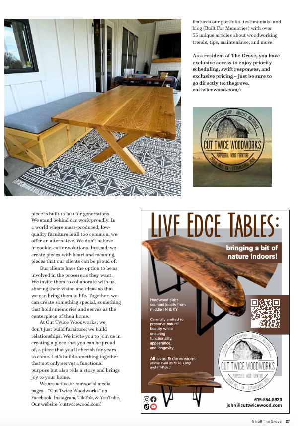 A wooden table is sitting in a living room next to a bench.