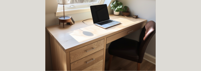 A laptop computer is sitting on top of a wooden desk.