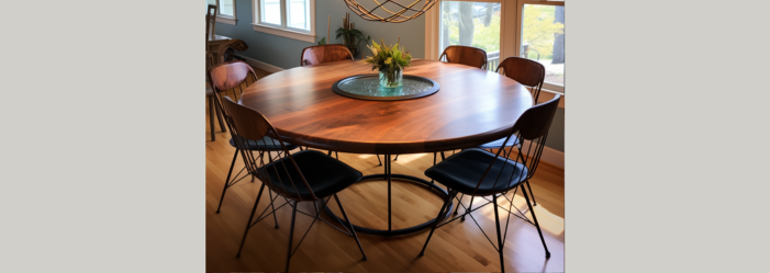 A round wooden dining table with black chairs in a dining room.