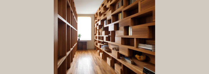 A hallway filled with wooden shelves and a window.