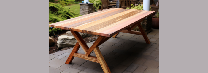 A wooden table is sitting on top of a wooden deck.
