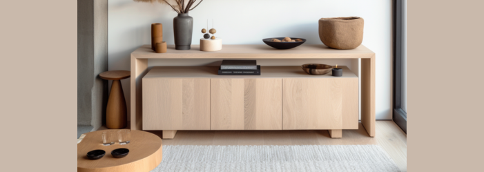 A living room with a wooden dresser and a coffee table.