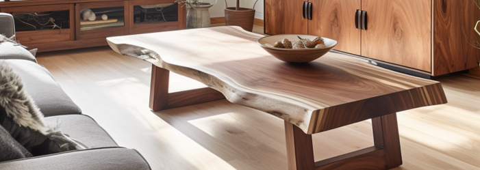 A wooden coffee table with a bowl on top of it in a living room.