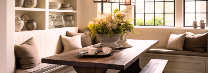 There is a table with a vase of flowers on it in the dining room.
