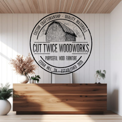 A sign that says cut twice woodworks on it