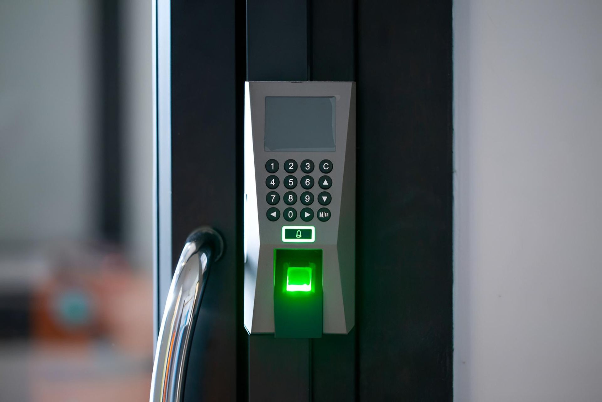 Fingerprint And Keypad Door Lock On A Black Door Frame. Green Light Indicates Access Granted — Coffs City Lockmart Pty Ltd in North Boambee Valley, NSW
