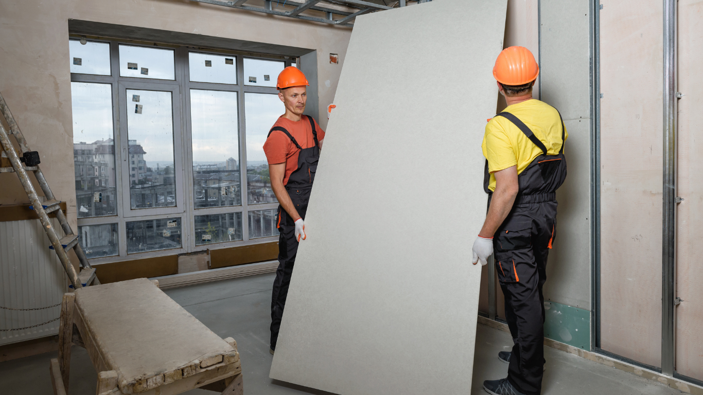 Two construction workers in orange and yellow shirts installing drywall in a room.