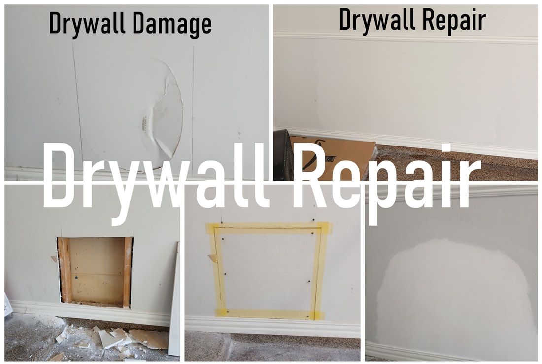 Drywall repair process: damaged wall, repair with new drywall, joint compound and sanding.