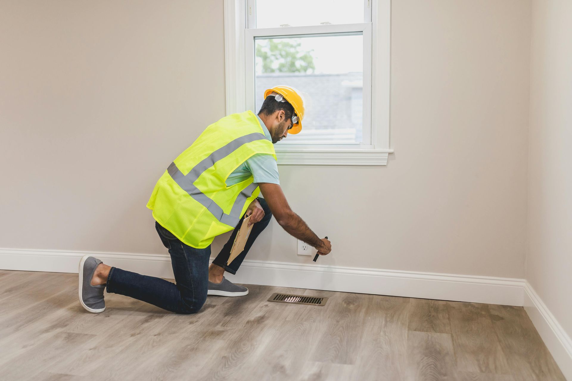 Construction worker kneeling, inspecting a baseboard. Yellow vest and hard hat. Light gray walls, window, and wood floor.