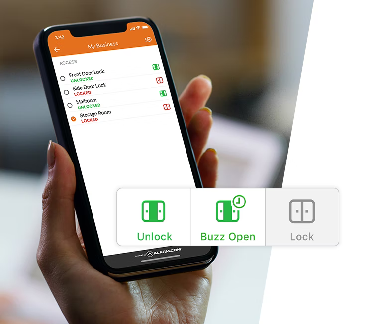 Remote lock control - Lock, unlock, and buzz doors open from anywhere using the mobile app or website.