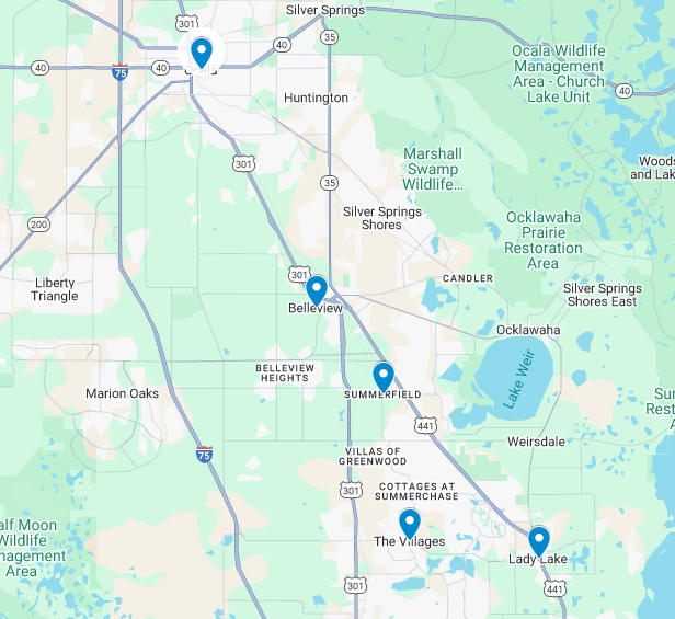 Map of Central Florida with several blue location markers, showing cities such as Ocala and The Villages.