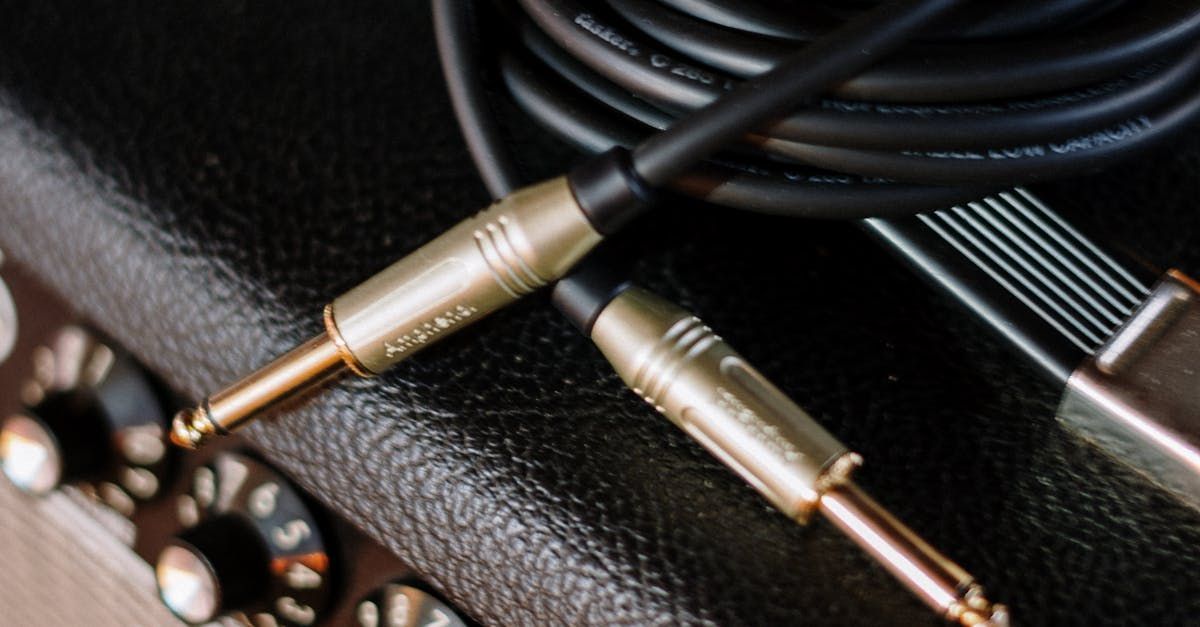 A close up of two guitar cables sitting on top of an amplifier.