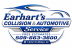 Earhart’s Collision Repair logo with blue car outline and bold navy text