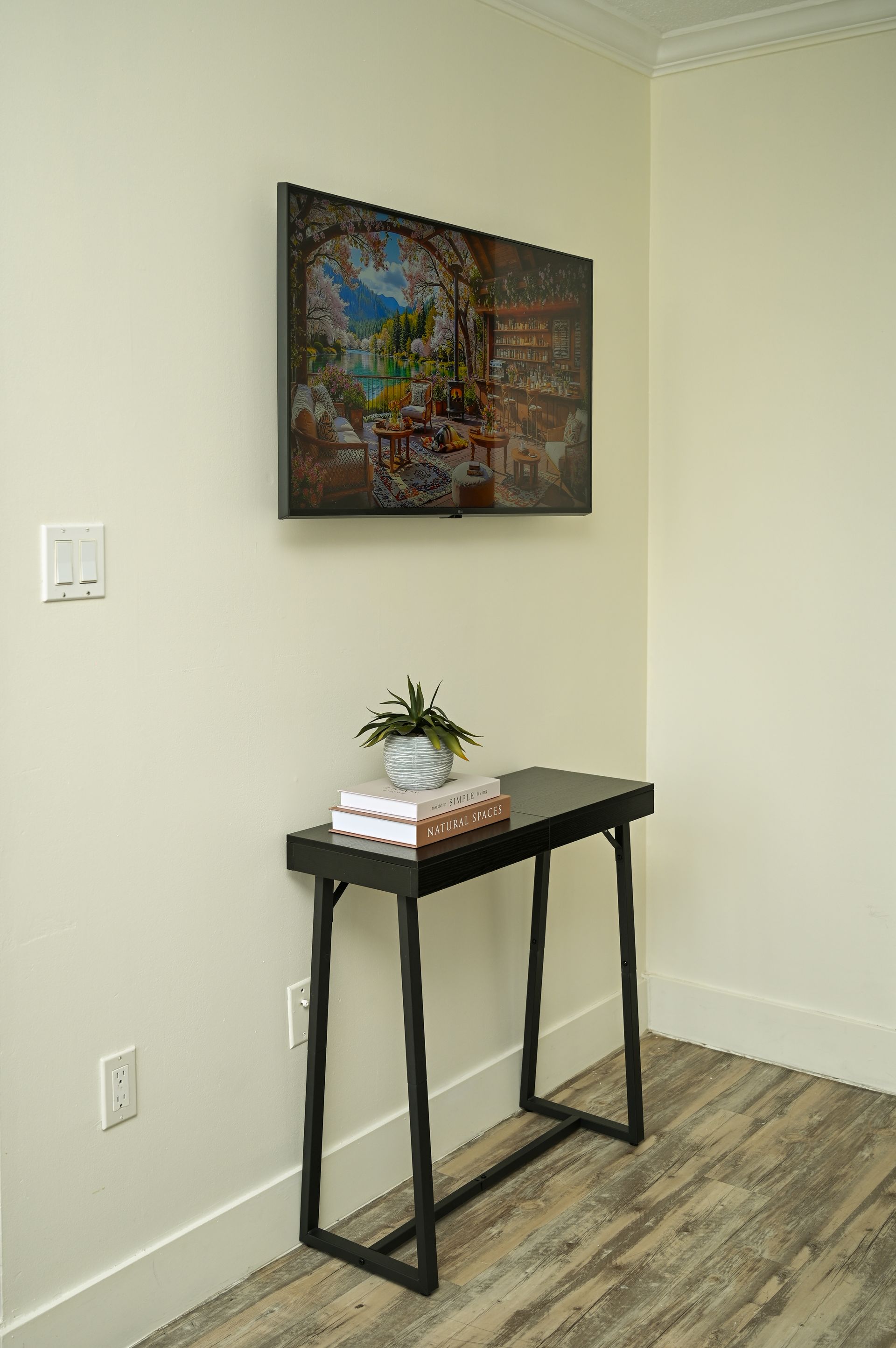 A tall, slim black table stands against a pale wall under a wall-mounted television, with a small potted plant on top.