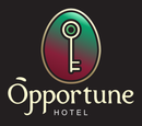 Logo for Opportune Hotel featuring a key inside a green-to-maroon oval on a black background.