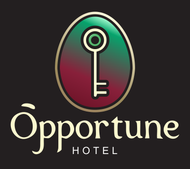 Logo for Opportune Hotel featuring a key inside a green-to-maroon oval on a black background.