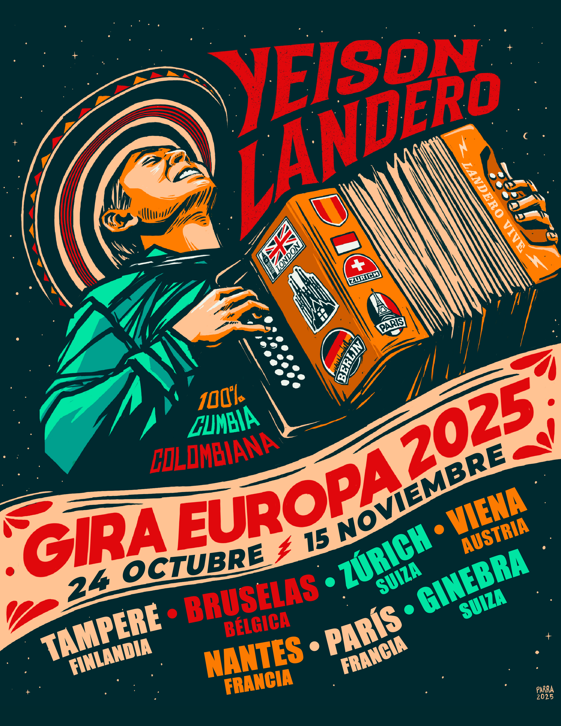 Cartel del concierto: Yeison Landero tocando el acordeón, fechas de gira por Europa en octubre/noviembre de 2025.
