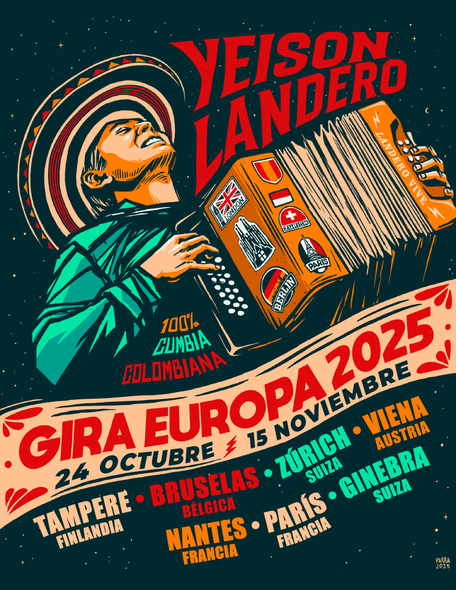 Cartel del concierto: Yeison Landero tocando el acordeón, fechas de gira por Europa en octubre/noviembre de 2025.