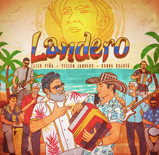 Portada del álbum: Hombre con acordeón, rodeado de banda, entorno de playa tropical.