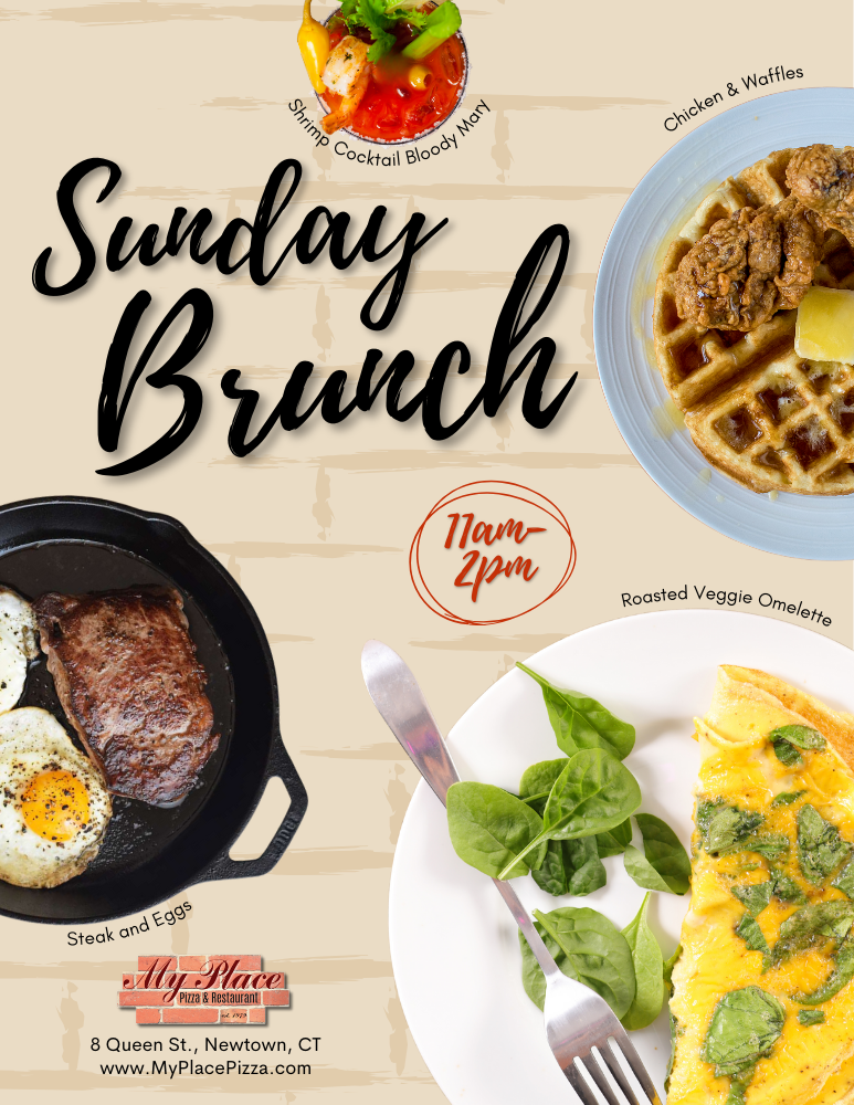 Sunday brunch flyer with omelet and waffle