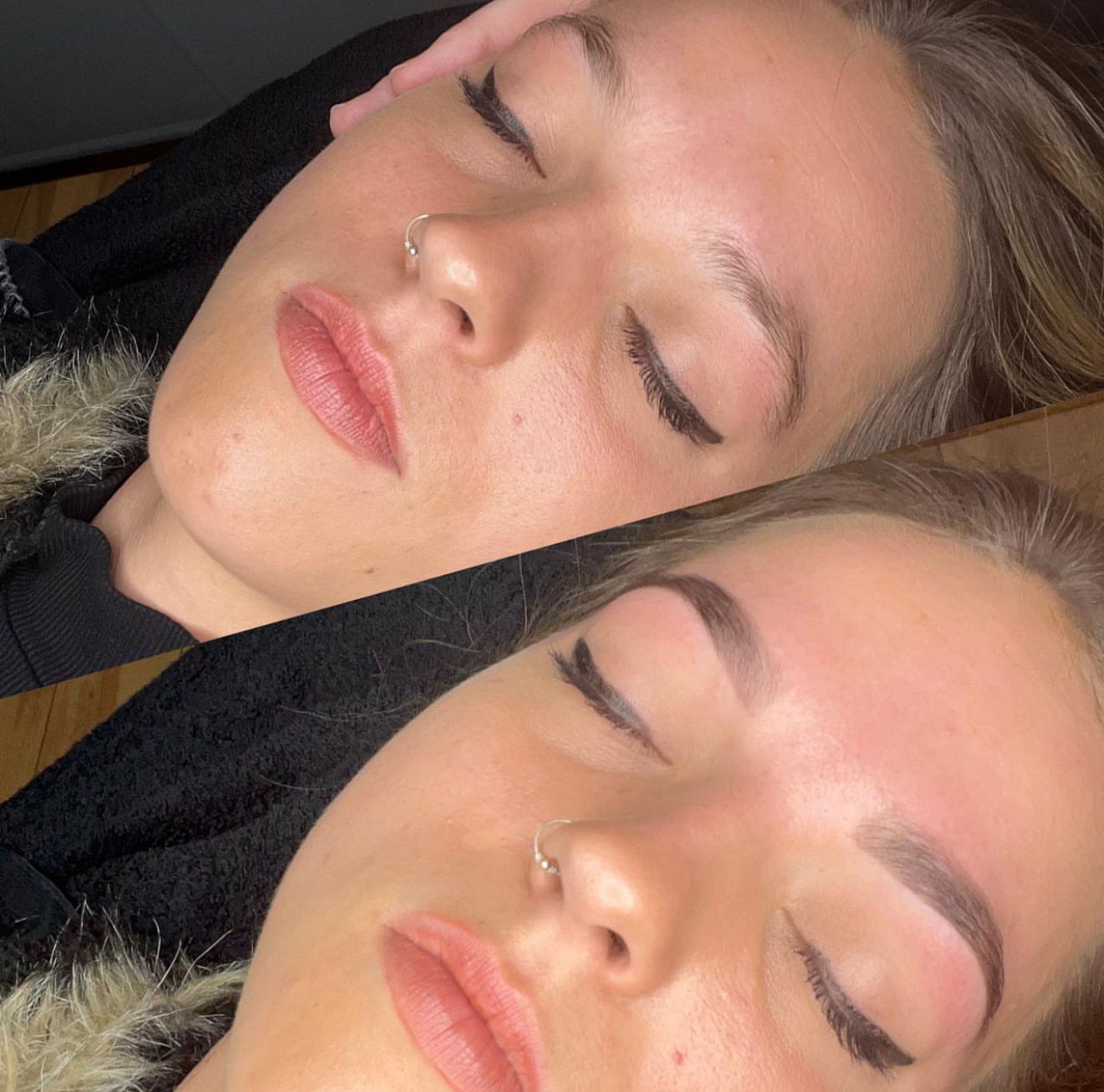 Two close-up photos of a woman with closed eyes, showing before and after eyebrow microblading.