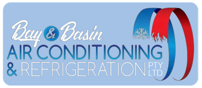 Air Conditioning & Refrigeration in St Georges Basin Logo for Bay & Basin Air Conditioning & Refrigeration Pty Ltd with blue and red ribbons and a snowflake.
