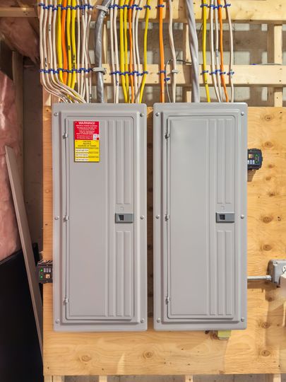 Two gray electrical panel boxes on a wooden wall with colorful wires overhead.