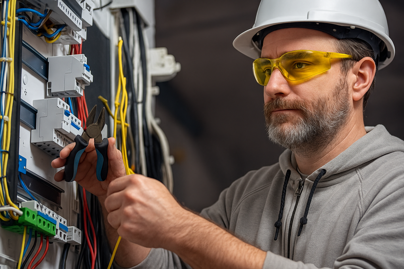 Electrician in hard hat and safety glasses working on wiring in an electrical panel.