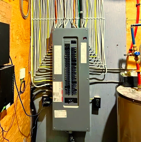 Electrical panel with many colored wires, mounted on wood, near pipes and a water heater.
