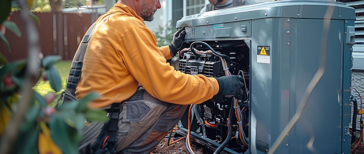 A man in an orange shirt kneels to work on an air conditioning unit.