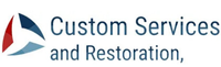 Logo for Custom Services and Restoration, with a tri-part design in blue, red, and white.