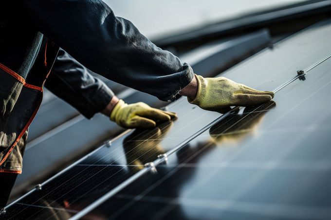 Behandschuhte Hände wischen Schmutz von Solarpaneelen auf einem Dach.