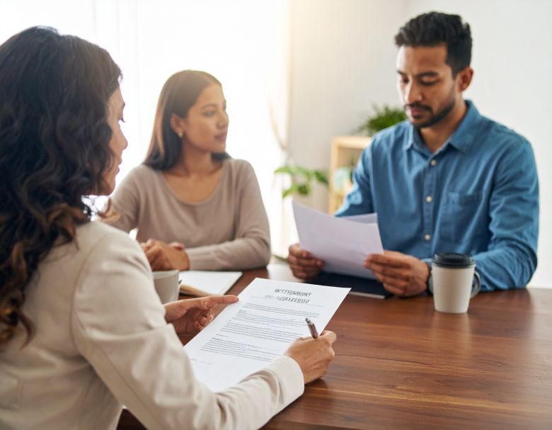 Woman pointing at document while couple looks on at a wooden table.