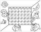 A black and white drawing of a calendar with people holding it.