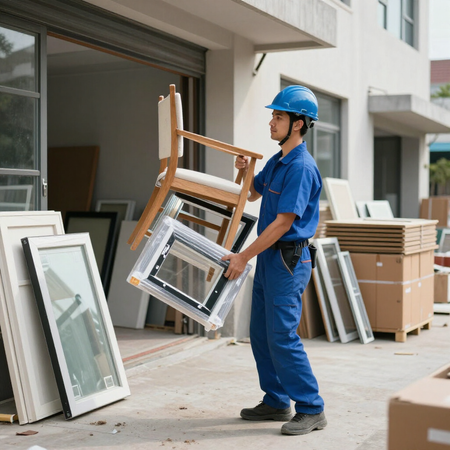 Worker in blue uniform carrying stacked window frames at a construction site
